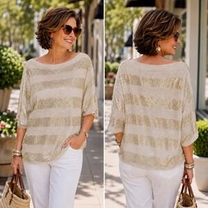 Chico's Linen Blend Gold Stripe Sweater Size 1 Medium Gold Oatmeal Boat Neck Top